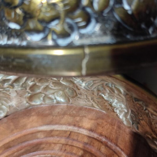 Wine Coasters used, silver metal with wooden base, repoussé grape motif