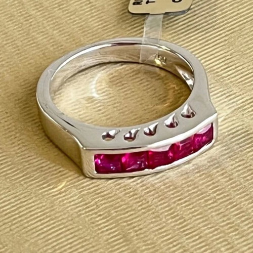 18K White Gold Half Band Ring with Princess Cut Rubies like new