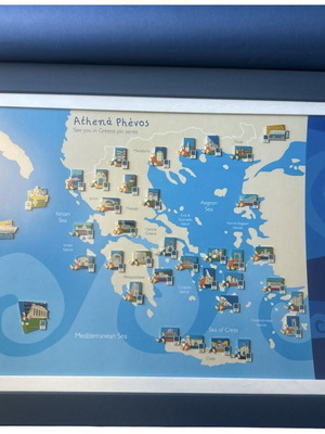 Framed map of Greece with pins for 2004 Olympic Games