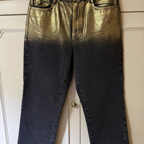 Zara high-waisted Z1975 jeans straight foil line like new, two-tone black and gold