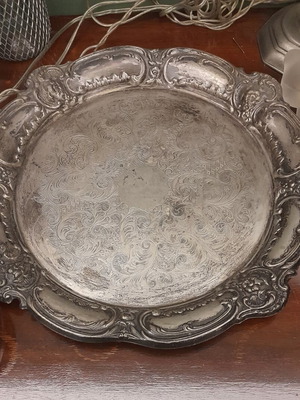 Silver-plated serving tray used, Victorian revival style