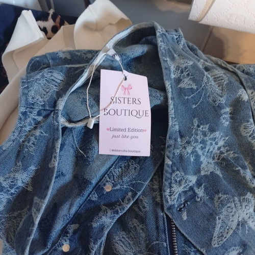 Denim jumpsuit with butterfly designs new, sisters boutique