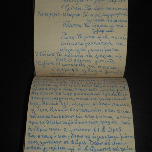 Handwritten notebook with rebetiko lyrics and diet recipes used