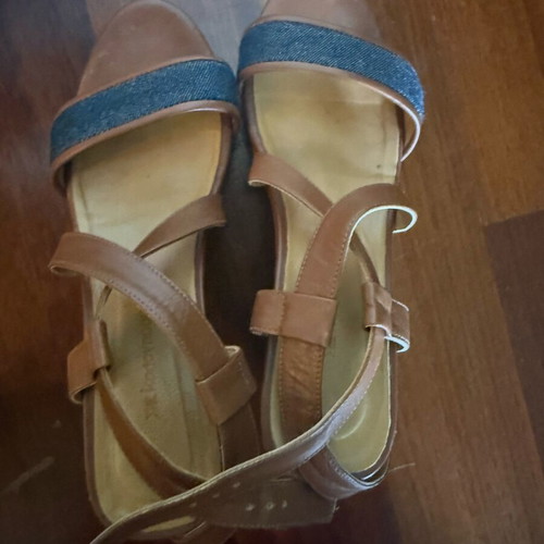 Kalogirou leather platform sandals used, tan with denim detail