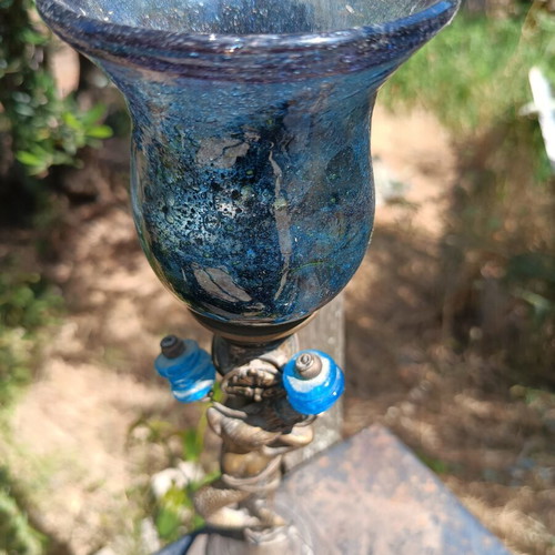 Vintage Greek Handmade Bronze Candlestick "Mermaid" with Blown Glass
