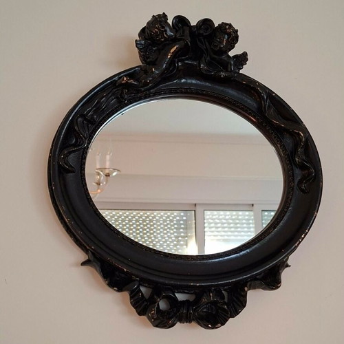 Vintage black mirror with putti used, 33x30 cm