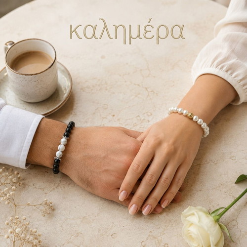 Handmade bracelet with cream glass pearls 14mm elastic and gold element ZJ-002
