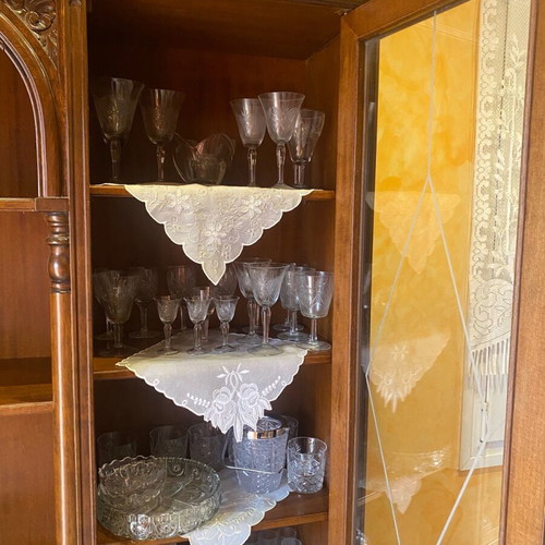 Handmade carved walnut display cabinet used, 1950s vintage