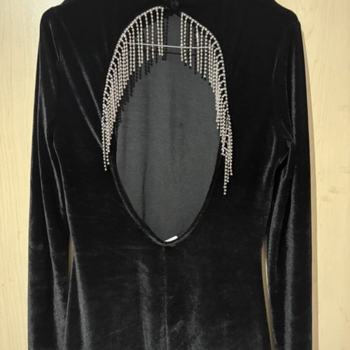 Black dress with silver fringes, new, open back, size S