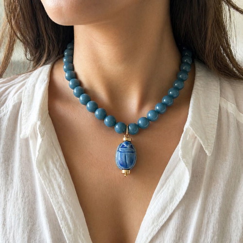 Handmade steel necklace with amazonite and scarab pendant new, turquoise and gold