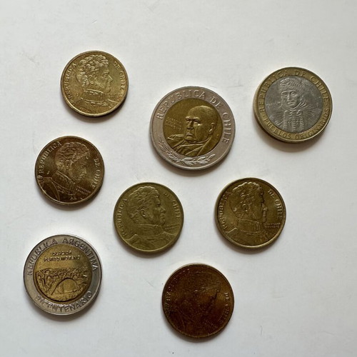 Set of 8 Chilean and Argentine coins used