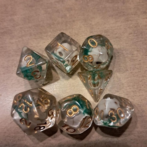 Skull with green leaf D&D dice set with bag