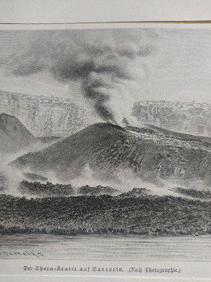 Woodcut 1890 Santorini Volcano Eruption used, Nea Kameni