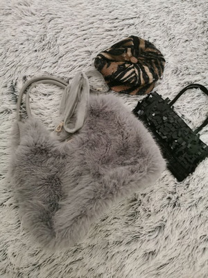 Bag set with fur and satin evening bags like new, includes animal print hat