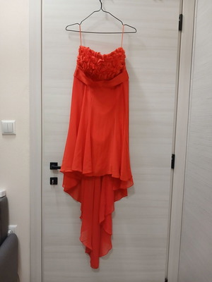 Red Strapless Dress L Cecilia like new, polyester, uneven hem