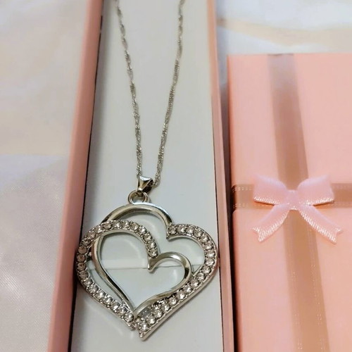 Heart necklace and earrings set with sparkling zircon, silver color, new
