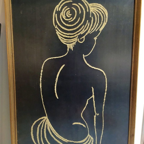 Embroidery handmade textile painting with gold thread 48×75