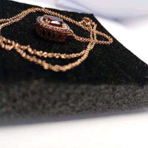 Luxury 925 silver necklace pink gold plated with 8x8 garnet and double halo zirconia new