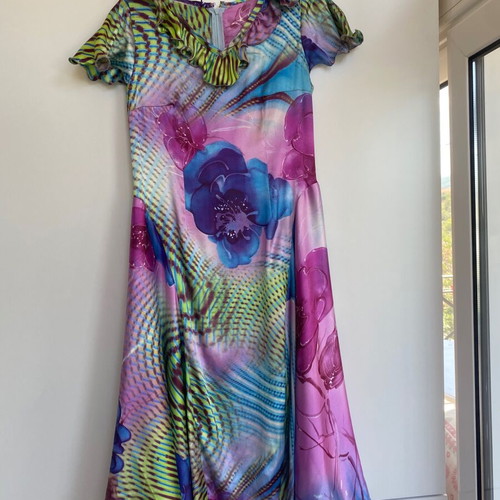 Vintage Y2K long satin dress like new, handmade, multicolor blue