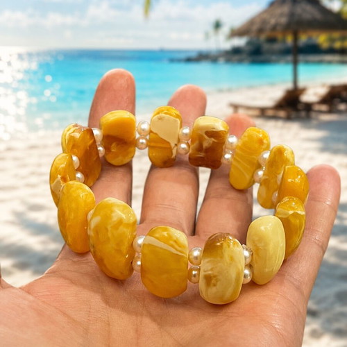Amber bracelet with pearls, natural Baltic amber