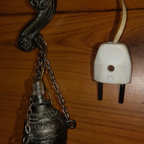 Vintage Hanging Oil Lamp used, brass with carved arm