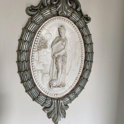 Neoclassical large plaster wall decoration with embossed figure like new