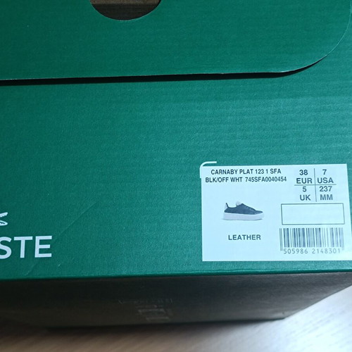 Lacoste Carnaby Plat Leather Sneakers size 38 new, black and white