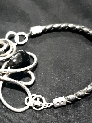 Evelyn bracelet silver plated with black onyx and leather strap new