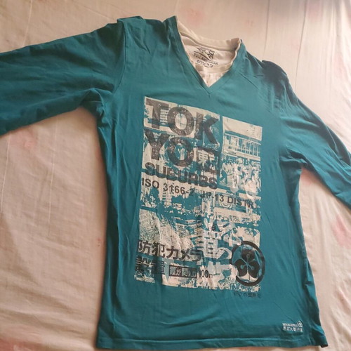 Pull & Bear Tokyo Suburbs graphic long-sleeve tee size L, teal, like new