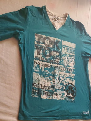 Pull & Bear Tokyo Suburbs graphic long-sleeve tee size L, teal, like new