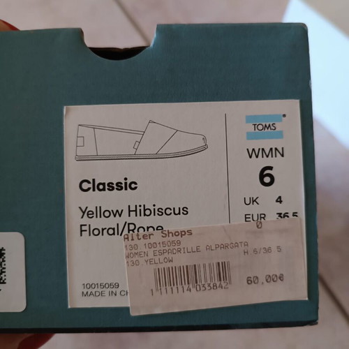 Toms Alpargata rope shoes used, yellow hibiscus print, size 36.5