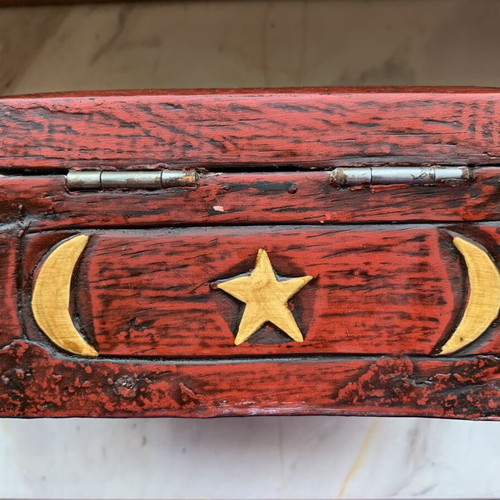 Handmade wooden jewelry box with sun and moon design, new