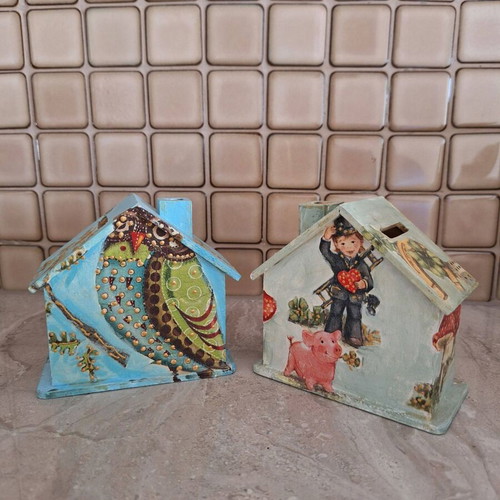 Handmade wooden children's piggy banks set of 2 with decoupage technique new