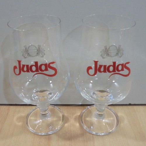 Judas beer set of 2 used promotional stemmed glasses 0.68lt