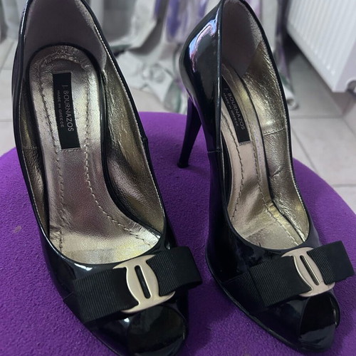 J Bournazos Black 10cm Peep Toe Pumps with Bow Like New