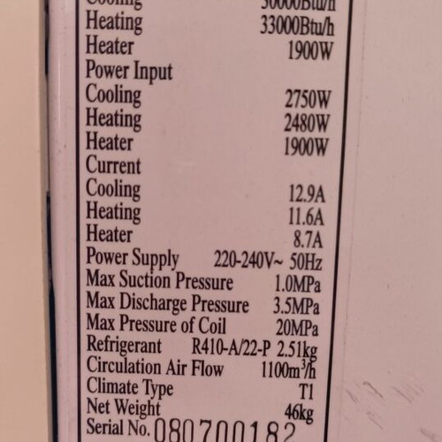 Air conditioner Osaka Japan Technology used, 30000 Btu cooling, 33000 Btu heating