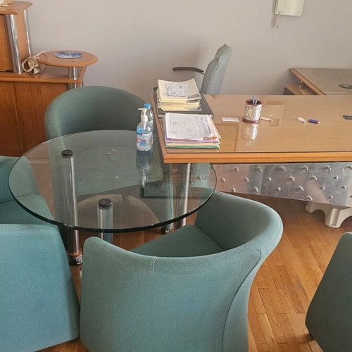 Office furniture set used with desk, chairs, cabinet, and glass table