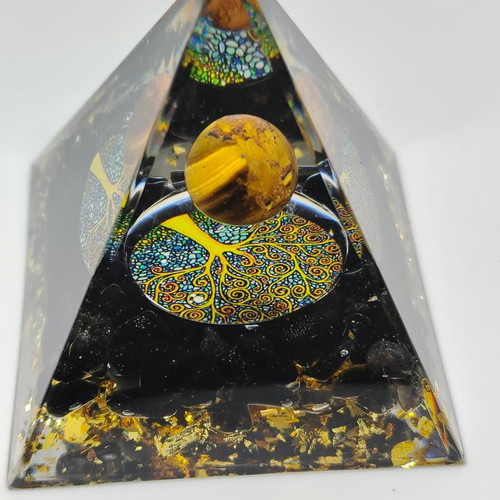 Handmade Orgonite Pyramid with Tiger's Eye and Tree of Life