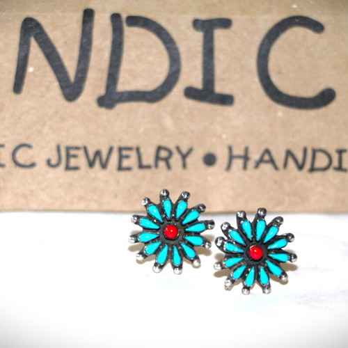 Earrings genuine turquoise and coral 925 sterling silver Navajo Indian new