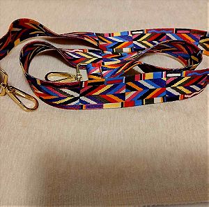 Λουράκι -Ιμάντας για τσάντα χιαστί με πολύχρωμο γεωμετρικό  σχέδιο και γατζάκια σε χρυσό χρώμα
