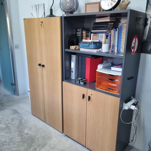 Office equipment like new, two desks, two cabinets and two shelves SATO