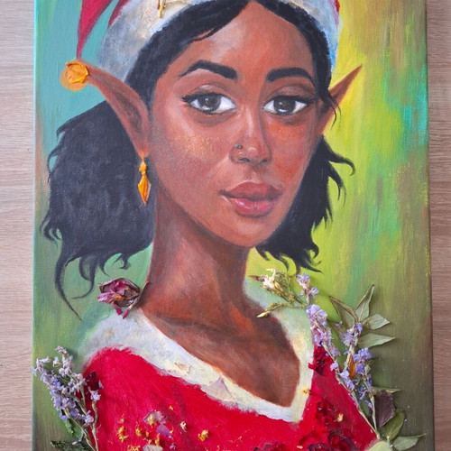 3D Embossed Christmas Elf Painting New with Acrylics and Real Flowers