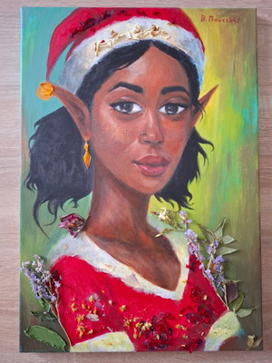 3D Embossed Christmas Elf Painting New with Acrylics and Real Flowers