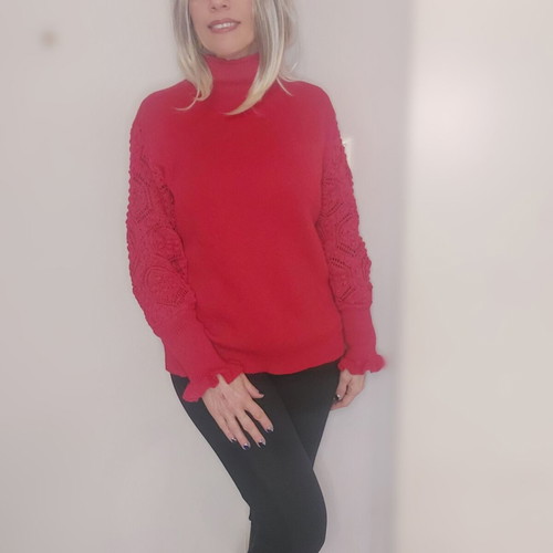 Women's red sweater new, size M with turtleneck and lace sleeves