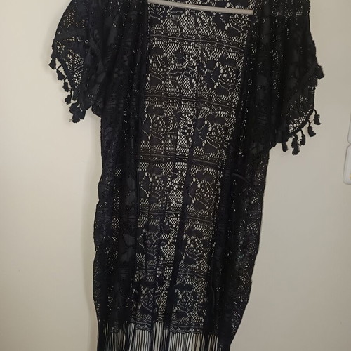 Women's beach kimono with lace and fringes like new, black
