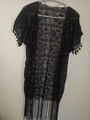 Women's beach kimono with lace and fringes like new, black