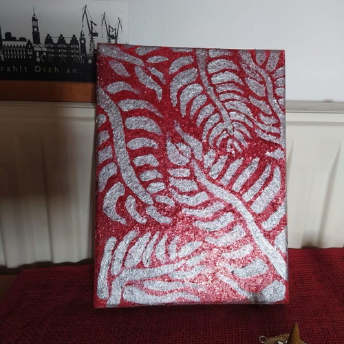 Handmade frame with glitter texture, red and silver, hand painted