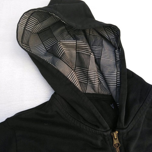 Fleece jacket with short sleeves black like new with checkered hood