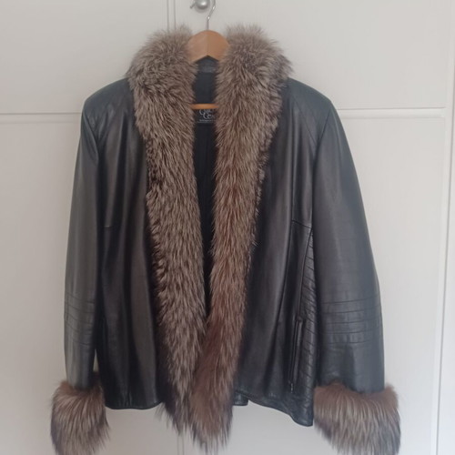 Leather jacket with natural fur new, black and brown, size L
