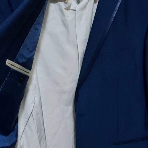 Groom suit Large blue, worn once with jacket, vest, shirt, pants, 2 ties and bow tie